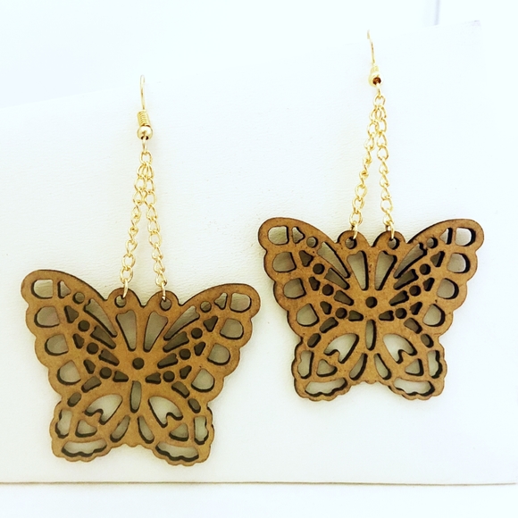 Jewelry - Earrings Butterfly Wood Boho Filigree Brown Gold Tone Spring Summer Gorpcore